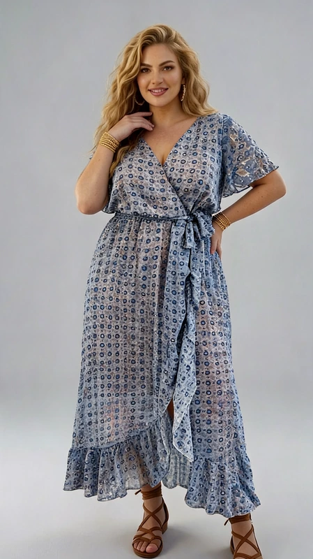 Plus size φόρεμα μπλε για γάμο και βάπτιση - GV235 | Candiashop Boutique, Αυτό το κομψό φόρεμα σε απαλό γαλάζιο χρώμα με διακριτικό γεωμετρικό μοτίβο σε αποχρώσεις του μπλε και λευκού αποτελεί την ιδανική επιλογή για καλεσμένη σε γάμο ή βάπτιση. Η κρουαζέ σχεδίαση με το V λαιμό χαρίζει θηλυκότητα, ενώ τα φαρδιά μανίκια τύπου κιμονό προσφέρουν άνεση και κομψότητα. Η ζώνη στη μέση τονίζει τη σιλουέτα, ενώ το αέρινο ύφασμα με το κλος τελείωμα και το βολάν στο κάτω μέρος δημιουργεί μια ρομαντική αίσθηση κίνησης. Το φόρεμα διαθέτει κρουαζέ σχεδιασμό που κολακεύει κάθε σωματότυπο και μπορεί να φορεθεί με χρυσά κοσμήματα, όπως τα εντυπωσιακά σκουλαρίκια που φαίνονται στη φωτογραφία, και ταμπά ή χρυσά πέδιλα για μια ολοκληρωμένη εμφάνιση. Το μήκος του φτάνει μέχρι τον αστράγαλο, προσφέροντας άνεση και κομψότητα. Το ανάλαφρο ύφασμα είναι ιδανικό για καλοκαιρινές εκδηλώσεις, ενώ μπορεί να συνδυαστεί με ένα λεπτό σακάκι για τις βραδινές ώρες. Η αέρινη υφή του το καθιστά τέλεια επιλογή για κάθε καλοκαιρινή επίσημη περίσταση.