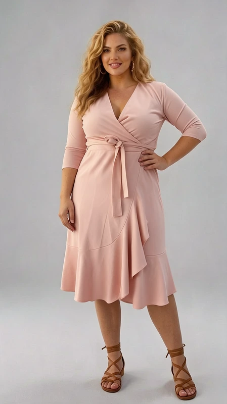 Plus size φόρεμα ροζ για γάμο και βάπτιση - GV191 | Candiashop Boutique, Αυτό το κομψό φόρεμα σε απαλό ροζ της πούδρας είναι η ιδανική επιλογή για κάθε επίσημη περίσταση. Με την κρουαζέ σχεδίαση στο μπούστο και τη ζώνη που δένει στη μέση, δημιουργεί μια εξαιρετικά κολακευτική σιλουέτα που αναδεικνύει τις καμπύλες με θηλυκότητα. Το μεσαίου μήκους φαρδύ κάτω μέρος με τα διακριτικά βολάν στο τελείωμα προσθέτει κίνηση και χάρη στο συνολικό στυλ. Τα μανίκια τριών τετάρτων προσφέρουν κομψότητα και άνεση, ενώ το μαλακό ύφασμα εξασφαλίζει άνετη εφαρμογή που κολακεύει κάθε σωματότυπο. Ιδανικό για γάμους, βαπτίσεις και επίσημες εκδηλώσεις, συνδυάζεται τέλεια με καφέ πλατφόρμες ή πέδιλα και διακριτικά κοσμήματα χρυσού τόνου. Η αέρινη γραμμή του φορέματος εξασφαλίζει άνεση καθ' όλη τη διάρκεια της ημέρας, ενώ η διαχρονική του κομψότητα το καθιστά απαραίτητο κομμάτι για κάθε γυναικεία γκαρνταρόμπα.