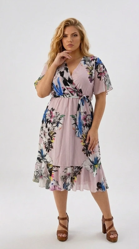 Plus size φόρεμα ροζ για γάμο και βάπτιση - GV213 | Candiashop Boutique, Αυτό το κομψό φόρεμα σε απαλό ροζ της πούδρας αποτελεί την ιδανική επιλογή για καλεσμένη σε γάμο ή βάπτιση. Το εντυπωσιακό φλοράλ μοτίβο με λουλούδια σε αποχρώσεις του μπλε, μοβ, πράσινου και κίτρινου δημιουργεί μια ζωντανή αντίθεση στην απαλή βάση του υφάσματος. Η κρουαζέ γραμμή του μπούστου χαρίζει θηλυκότητα, ενώ τα κοντά φαρδιά μανίκια προσφέρουν άνεση και κομψότητα. Η ζώνη στη μέση τονίζει τη σιλουέτα, ενώ το βολάν στο κάτω μέρος προσθέτει παιχνιδιάρικη κίνηση και ρομαντικό χαρακτήρα. Το μήκος midi είναι ιδανικό για επίσημες περιστάσεις, προσφέροντας άνεση και κομψότητα. Συνδυάζεται τέλεια με καφέ πέδιλα όπως εικονίζεται, αλλά μπορεί επίσης να φορεθεί με χρυσά ή ασημένια αξεσουάρ για πιο βραδινές εμφανίσεις. Το υλικό είναι ελαφρύ και αέρινο, ιδανικό για καλοκαιρινές εκδηλώσεις. Κατάλληλο για γυναίκες που αναζητούν ένα κομψό φόρεμα που συνδυάζει θηλυκότητα και άνεση.