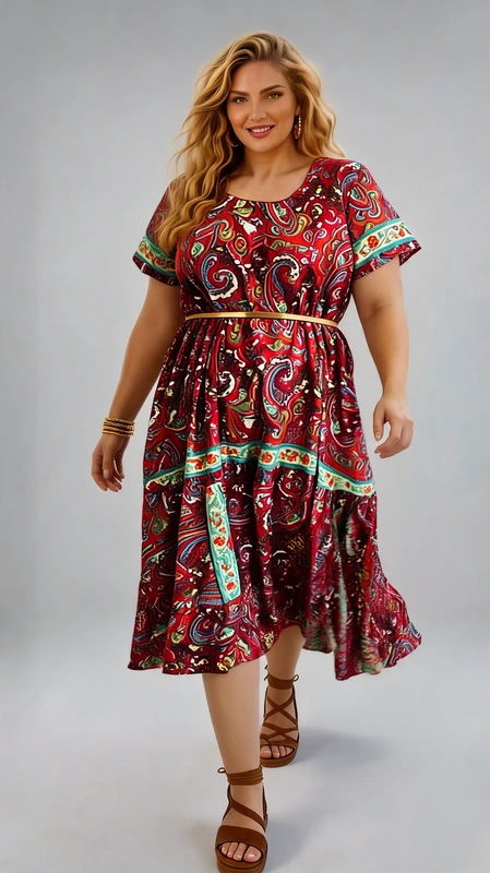 Plus size φόρεμα καλοκαιρινό καφέ - FRW413 | Candiashop Boutique, Αυτό το εντυπωσιακό φόρεμα σε πλούσιο κεραμιδί κόκκινο με περίτεχνο μοτίβο paisley θα αναβαθμίσει αμέσως το καλοκαιρινό σας στυλ. Διαθέτει μια άνετη γραμμή με κολακευτική εφαρμογή που αγκαλιάζει τη σιλουέτα, ενώ τα κοντά μανίκια προσφέρουν άνεση στις ζεστές μέρες. Η λεπτομέρεια της τυρκουάζ διακοσμητικής μπορντούρας στα μανίκια και στο κάτω μέρος του φορέματος δημιουργεί μια όμορφη αντίθεση με το κυρίαρχο κόκκινο φόντο. Συνοδεύεται από μια λεπτή ζώνη σε χρυσαφί απόχρωση που τονίζει τη μέση, προσφέροντας μια θηλυκή σιλουέτα. Το μήκος του φορέματος φτάνει μέχρι τον αστράγαλο, καθιστώντας το ιδανικό για καλοκαιρινές βόλτες, διακοπές ή ακόμα και για καλοκαιρινούς γάμους. Συνδυάστε το με ταμπά σανδάλια και χρυσά κοσμήματα για μια ολοκληρωμένη εμφάνιση γεμάτη κομψότητα. Η άνετη εφαρμογή και το ελαφρύ ύφασμα εξασφαλίζουν άνεση καθ' όλη τη διάρκεια της ημέρας, ενώ το ζωηρό σχέδιο θα σας κάνει να ξεχωρίζετε σε κάθε περίσταση.