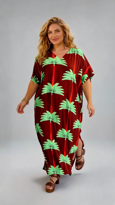 Plus size φόρεμα καλοκαιρινό καφέ - FRW466 | Candiashop Boutique, Αυτό το εντυπωσιακό καφτάνι σε πλούσιο τερακότα με μοτίβο από φωτεινά μέντα φοινικόδεντρα είναι η τέλεια επιλογή για τις καλοκαιρινές σας εξορμήσεις. Η φαρδιά, άνετη γραμμή του με τα κοντά φαρδιά μανίκια προσφέρει απόλυτη άνεση, ενώ το V λαιμόκοψη κολακεύει τον λαιμό και το ντεκολτέ. Το μάξι μήκος με το κομψό σκίσιμο στο πλάι προσθέτει μια νότα θηλυκότητας και επιτρέπει την ελεύθερη κίνηση. Το εξωτικό τροπικό μοτίβο με τους ανάγλυφους φοίνικες σε απαλό πράσινο της μέντας δημιουργεί έντονη αντίθεση με το ζεστό κεραμιδί φόντο, χαρίζοντας μια αίσθηση εξωτικού προορισμού. Ιδανικό για παραλία, απογευματινούς περιπάτους στην παραλιακή ή καλοκαιρινά δείπνα. Συνδυάστε το με επίπεδα σανδάλια και ψάθινη τσάντα για καθημερινές εμφανίσεις ή με κοσμήματα και πλατφόρμες για βραδινές εξόδους. Η ελαφριά, αεράτη υφή του υφάσματος το καθιστά ιδανική επιλογή για τις ζεστές καλοκαιρινές μέρες, προσφέροντας δροσιά και στυλ.