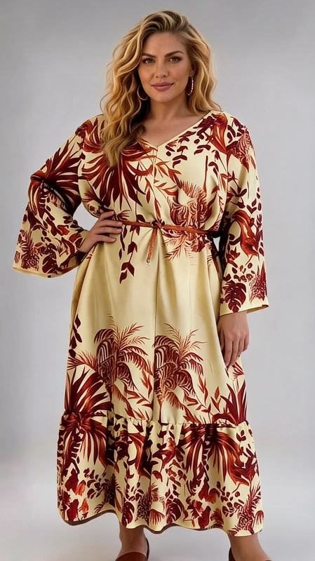 Αυτό το εντυπωσιακό φόρεμα plus size είναι η τέλεια επιλογή για τις καλοκαιρινές σας εμφανίσεις. Σε μια υπέροχη κρεμ\u002Dεκρού απόχρωση με πλούσια τερακότα τροπικά μοτίβα, το φόρεμα αποπνέει μια εξωτική και κομψή αισθητική. Το σχέδιο με τα φύλλα φοίνικα και τα λουλούδια δημιουργεί μια αίσθηση διακοπών και χαλάρωσης. Διαθέτει έναν κολακευτικό V λαιμό με κορδόνι ρύθμισης και φαρδιά μανίκια τριών τετάρτων που προσφέρουν άνεση και αέρινη αίσθηση. Η σιλουέτα είναι χαλαρή με ζώνη στη μέση που τονίζει διακριτικά τη σιλουέτα, ενώ το φαρδύ κάτω μέρος με το βολάν προσθέτει θηλυκότητα και κίνηση. Το μήκος του φτάνει μέχρι τον αστράγαλο, χαρίζοντας μια κομψή εμφάνιση. Ιδανικό για παραθαλάσσιες βόλτες, καλοκαιρινά δείπνα ή απογευματινούς καφέδες. Συνδυάστε το με επίπεδα δερμάτινα σανδάλια, όπως αυτά που φαίνονται στην εικόνα, και μια ψάθινη τσάντα για μια ολοκληρωμένη καλοκαιρινή εμφάνιση. Το ελαφρύ ύφασμα και η άνετη γραμμή του το καθιστούν ιδανική επιλογή για τις ζεστές μέρες, προσφέροντας στυλ
