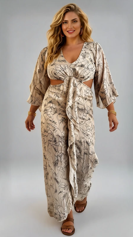 Αμπιγιέ καλοκαιρινό φόρεμα κρεμ plus size - FRW379 | Candiashop Boutique, Αυτό το εντυπωσιακό καλοκαιρινό φόρεμα σε απαλή εκρού απόχρωση με λεπτό μαύρο σχέδιο φύλλων είναι η τέλεια επιλογή για τις ζεστές μέρες. Διαθέτει μοναδικό σχεδιασμό με στρατηγικά ανοίγματα στη μέση που αναδεικνύουν διακριτικά τη σιλουέτα, ενώ το δέσιμο στο κέντρο προσθέτει κομψή λεπτομέρεια. Τα φαρδιά μανίκια τύπου κιμονό προσφέρουν άνεση και αέρινη αίσθηση, ενώ το V λαιμόκοψη κολακεύει το ντεκολτέ. Η ρέουσα γραμμή του φορέματος με την ασύμμετρη κατάληξη δημιουργεί ένα θηλυκό και κομψό αποτέλεσμα, ιδανικό για παραλία, καλοκαιρινούς περιπάτους ή απογευματινά κοκτέιλ. Το ελαφρύ, διαφανές ύφασμα είναι εξαιρετικά αεράτο και άνετο ακόμα και στις πιο ζεστές μέρες. Συνδυάστε το με χρυσά σανδάλια και ψάθινη τσάντα για μια ολοκληρωμένη καλοκαιρινή εμφάνιση ή με λεπτά κοσμήματα για βραδινές εξόδους. Αυτό το ευέλικτο κομμάτι θα γίνει αναμφίβολα το αγαπημένο σας για τις διακοπές και όχι μόνο.