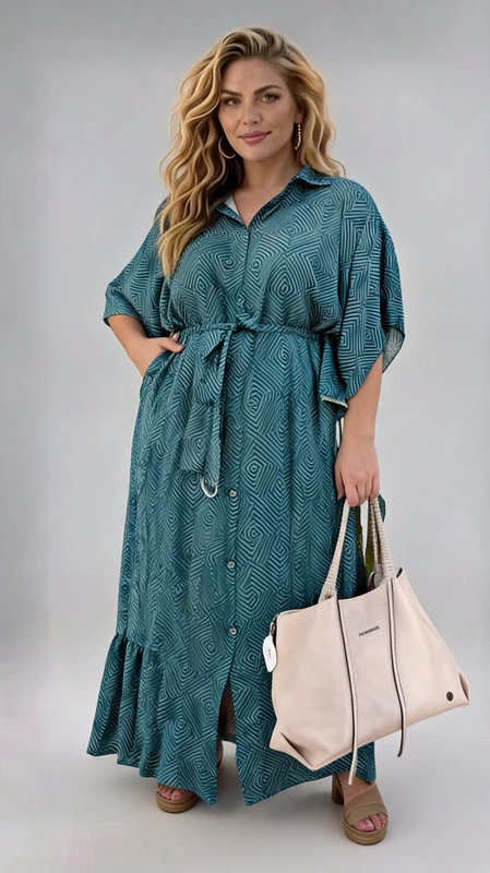 Καλοκαιρινό maxi μίνιμαλ φόρεμα plus size φλοράλ πετρόλ, με ζωνάκι ασορτί, αέρινο και δροσερό. Αν θες να είσαι άνετη με ένα δροσερό φόρεμα την άνοιξη ή το καλοκαίρι, φόρεσε το και κλέψε τις εντυπώσεις!