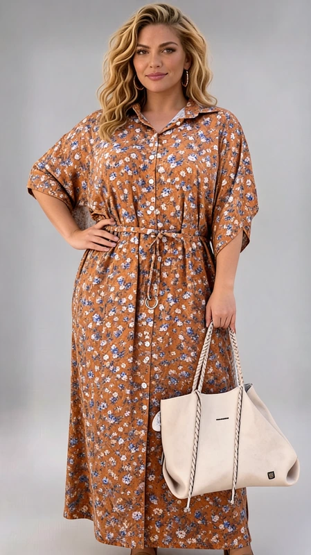Καλοκαιρινό maxi μίνιμαλ φόρεμα plus size φλοράλ καφέ, με ζωνάκι ασορτί, αέρινο και δροσερό. Αν θες να είσαι άνετη με ένα δροσερό φόρεμα την άνοιξη ή το καλοκαίρι, φόρεσε το και κλέψε τις εντυπώσεις!