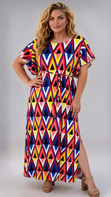 Καλοκαιρινό maxi μίνιμαλ φόρεμα plus size εμπριμέ αέρινο και δροσερό από μαγιόπανο με ζωνάκι στην μέση. Αν θες να είσαι άνετη με ένα δροσερό φόρεμα την άνοιξη ή το καλοκαίρι, φόρεσε το και κλέψε τις εντυπώσεις!