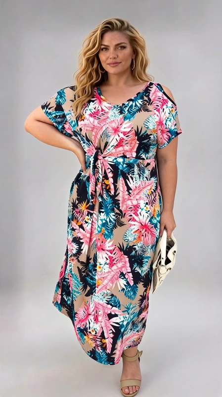 Καλοκαιρινό maxi μίνιμαλ φόρεμα plus size εμπριμέ σομόν αέρινο και δροσερό από μαγιόπανο. Αν θες να είσαι άνετη με ένα δροσερό φόρεμα την άνοιξη ή το καλοκαίρι, φόρεσε το και κλέψε τις εντυπώσεις!