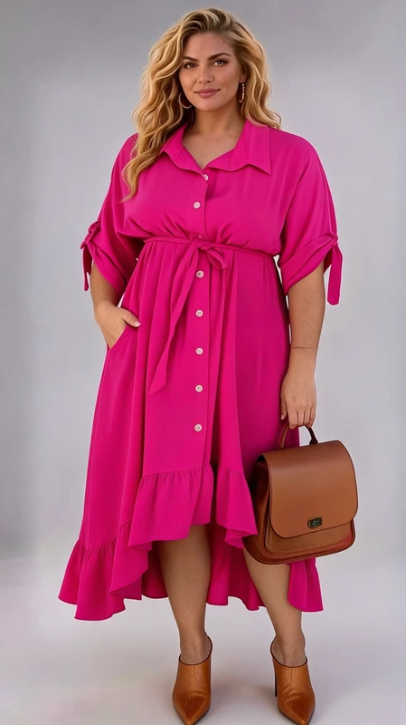 Καλοκαιρινό φόρεμα plus size maxi σεμιζιέ φούξια σε άλφα γραμμή - FRW241 | Candiashop Boutique, Καλοκαιρινό maxi φόρεμα φούξια σεμιζιέ ασύμμετρο plus size, αέρινο και δροσερό. Αν θες να είσαι άνετη με ένα δροσερό φόρεμα την άνοιξη ή το καλοκαίρι, φόρεσε το και κλέψε τις εντυπώσεις!