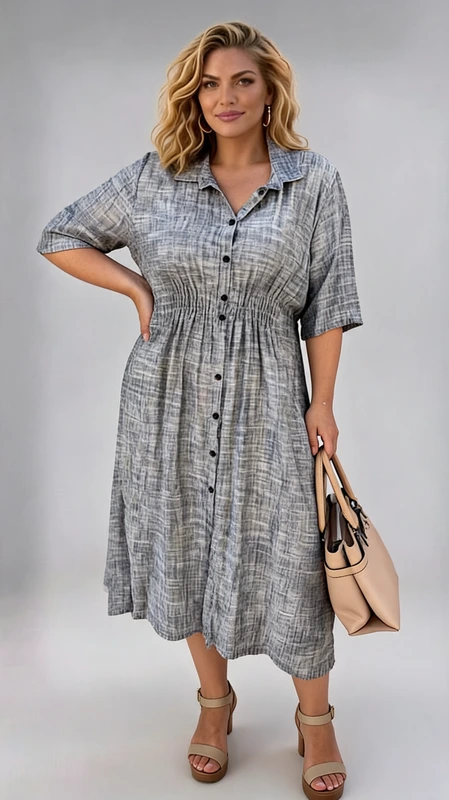 Καλοκαιρινό maxi φόρεμα γκρι σεμιζιέ λινό plus size, αέρινο και δροσερό. Αν είσαι καλεσμένη σε γάμο ή σε βάπτιση την Άνοιξη και το Καλοκαίρι, αυτό το άνετο και δροσερό φόρεμα θα σε βοηθήσει να κλέψεις τις εντυπώσεις!