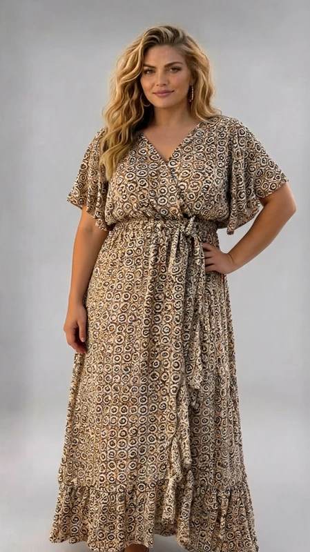 Καλοκαιρινό plus size φόρεμα maxi σε καφέ λευκό χρώμα, φοδραρισμένο, από μουσελίνα. Αν θες να είσαι άνετη με ένα δροσερό φόρεμα την άνοιξη ή το καλοκαίρι, φόρεσε το και κλέψε τις εντυπώσεις!