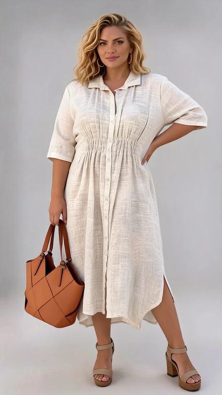 Καλοκαιρινό maxi φόρεμα κρεμ σεμιζιέ λινό plus size, αέρινο και δροσερό. Αν είσαι καλεσμένη σε γάμο ή σε βάπτιση την Άνοιξη και το Καλοκαίρι, αυτό το άνετο και δροσερό φόρεμα θα σε βοηθήσει να κλέψεις τις εντυπώσεις!