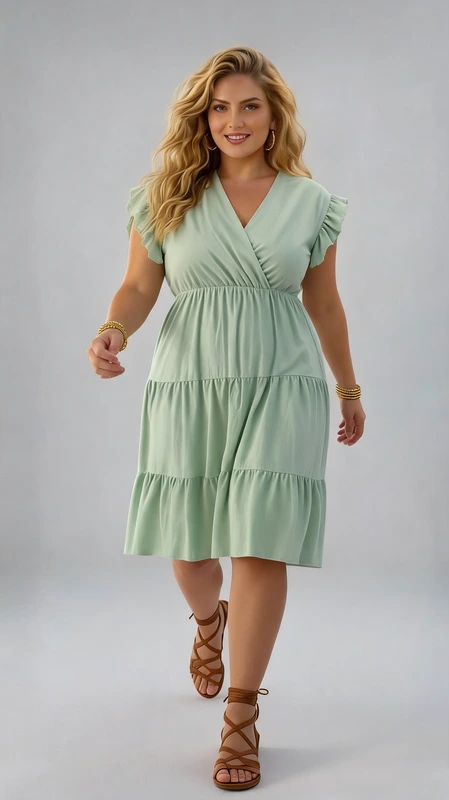 Καλοκαιρινό φόρεμα πράσινο plus size - FRW384 | Candiashop Boutique, Αυτό το κομψό φόρεμα σε απαλό φιστικί χρώμα αποτελεί την ιδανική επιλογή για τις καλοκαιρινές σας εμφανίσεις. Με την αέρινη γραμμή του και το μεσαίο μήκος που φτάνει κάτω από το γόνατο, χαρίζει άνεση και θηλυκότητα σε κάθε σιλουέτα. Ο κρουαζέ σχεδιασμός στο μπούστο με V λαιμόκοψη αναδεικνύει τη γυναικεία φιγούρα, ενώ τα χαριτωμένα βολάν στα μανίκια προσθέτουν μια παιχνιδιάρικη πινελιά. Το φόρεμα διαθέτει ελαστική μέση που κολακεύει τη σιλουέτα και τρία επίπεδα φαρδιάς φούστας με βολάν που χαρίζουν κίνηση και ανάλαφρη αίσθηση. Κατασκευασμένο από μαλακό, αναπνεύσιμο ύφασμα, είναι ιδανικό για καθημερινές βόλτες, καλοκαιρινές αποδράσεις ή χαλαρά απογευματινά cocktail. Συνδυάστε το με πλατφόρμες όπως στην εικόνα για καθημερινή κομψότητα ή με σανδάλια και ψάθινη τσάντα για μια εμφάνιση που θα σας συνοδεύσει από το πρωί ως το βράδυ. Διαθέσιμο σε διάφορα μεγέθη, αγκαλιάζει με χάρη κάθε σωματότυπο.
