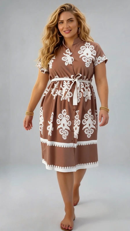 Plus size φόρεμα καλοκαιρινό κρεμ - FRW448 | Candiashop Boutique, Αυτό το κομψό μίντι φόρεμα σε απαλό καφέ-μπεζ (νουντ) χρώμα με λευκά διακοσμητικά μοτίβα αποτελεί την τέλεια επιλογή για τις καλοκαιρινές σας εμφανίσεις. Το εντυπωσιακό φλοράλ μοτίβο σε λευκό χρώμα δημιουργεί όμορφη αντίθεση με το γήινο φόντο, ενώ οι λεπτομέρειες με τα πομ-πομ στο τελείωμα προσθέτουν μια παιχνιδιάρικη πινελιά. Διαθέτει κοντά μανίκια, κουμπιά στο μπροστινό μέρος και μια κομψή ζώνη στη μέση που τονίζει τη σιλουέτα και προσφέρει άνετη εφαρμογή. Το μήκος του φτάνει κάτω από το γόνατο, χαρίζοντας μια διαχρονική και θηλυκή εμφάνιση. Ιδανικό για καλοκαιρινούς περιπάτους, καφέ με φίλες ή ακόμα και για πιο επίσημες περιστάσεις όπως γάμους στην παραλία ή βαπτίσεις. Συνδυάστε το με πλατφόρμες ή σανδάλια για μια ολοκληρωμένη εμφάνιση, και προσθέστε ένα ψάθινο καπέλο για extra στυλ. Η άνετη γραμμή του το καθιστά κατάλληλο για διάφορους σωματότυπους, ενώ το υψηλής ποιότητας ύφασμα εξασφαλίζει άνεση καθ' όλη τη διάρκεια της ημέρας.