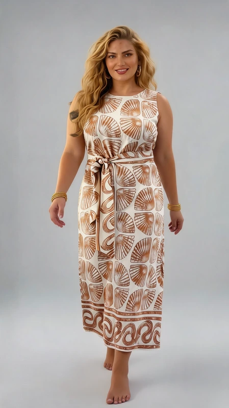 Plus size φόρεμα κρεμ καλοκαιρινό - FRW531 | Candiashop Boutique, Αυτό το κομψό maxi φόρεμα αποτελεί την ιδανική επιλογή για την καλοκαιρινή σας γκαρνταρόμπα. Διαθέτει ένα εντυπωσιακό μοτίβο με κοχύλια σε απαλές αποχρώσεις του μπεζ και εκρού, δημιουργώντας μια αίσθηση κομψότητας και θαλασσινής αύρας. Το αμάνικο σχέδιο με τη στρογγυλή λαιμόκοψη προσφέρει άνεση στις ζεστές ημέρες, ενώ η ζώνη στη μέση τονίζει θηλυκά τη σιλουέτα. Το φόρεμα διαθέτει μια όμορφη διακοσμητική μπορντούρα στο κάτω μέρος που ολοκληρώνει αρμονικά το σχέδιο. Κατασκευασμένο από ελαφρύ, αεράτο ύφασμα, είναι ιδανικό για καλοκαιρινές διακοπές, βόλτες στην παραλία ή απογευματινούς καφέδες. Συνδυάστε το με ταμπά σανδάλια και μια clutch τσάντα για ένα ολοκληρωμένο σύνολο, ή προσθέστε ένα λεπτό τζάκετ για τα δροσερά βράδια. Η άνετη γραμμή του κολακεύει κάθε σωματότυπο, ενώ το διαχρονικό του μοτίβο εξασφαλίζει ότι θα παραμείνει στη ντουλάπα σας για πολλές σεζόν.