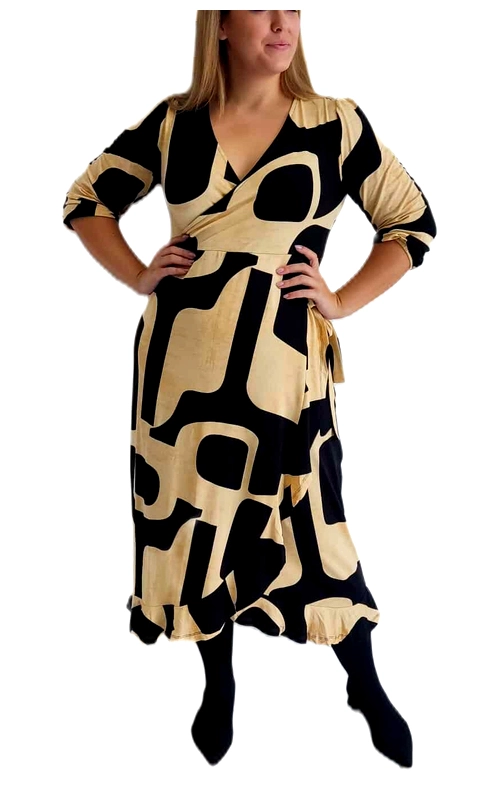 Αυτό το εντυπωσιακό χειμωνιάτικο φόρεμα με τον μοναδικό γεωμετρικό σχεδιασμό συνδυάζει το κλασικό μαύρο με μια πλούσια απόχρωση μπεζ\u002Dχρυσαφί, δημιουργώντας μια εκλεπτυσμένη αντίθεση που τραβάει τα βλέμματα. Το κρουαζέ μπούστο με το βαθύ V λαιμόκοψη κολακεύει τη σιλουέτα, ενώ τα μανίκια τριών τετάρτων προσφέρουν άνεση και κομψότητα. Η ζώνη στη μέση τονίζει θηλυκά τις καμπύλες, ενώ η φαρδιά φούστα με το ελαφρύ βολάν στο τελείωμα χαρίζει κίνηση και θηλυκότητα. Ιδανικό για επαγγελματικές συναντήσεις, βραδινές εξόδους ή επίσημες περιστάσεις, αυτό το φόρεμα μπορεί να φορεθεί με μαύρες μπότες για ένα δυναμικό χειμωνιάτικο σύνολο ή με ψηλοτάκουνες γόβες για πιο επίσημες εμφανίσεις. Συνδυάστε το με χρυσά κοσμήματα και μια κομψή τσάντα για να αναδείξετε ακόμα περισσότερο τις χρυσαφένιες λεπτομέρειες του φορέματος. Προσφέρει άνεση καθ\u0027 όλη τη διάρκεια της ημέρας, ενώ το τολμηρό μοτίβο εξασφαλίζει ότι θα ξεχωρίζετε με κομψότητα και στυλ.