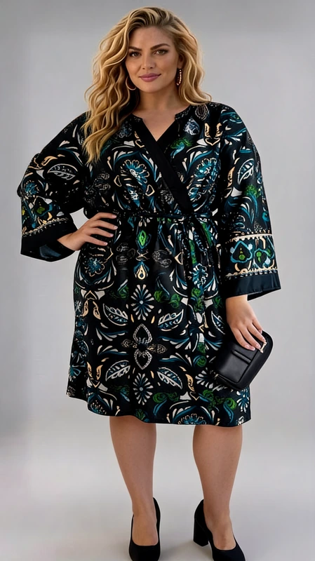 Plus size φόρεμα καλοκαιρινό, μίντι, εμπριμέ μαύρο, κοκτέιλ κρουαζέ, φλοράλ, από σταθερή βισκόζη και σατέν. Ιδανικό φόρεμα για καλεσμένη σε γάμο και βάπτιση την Άνοιξη και το Καλοκαίρι.