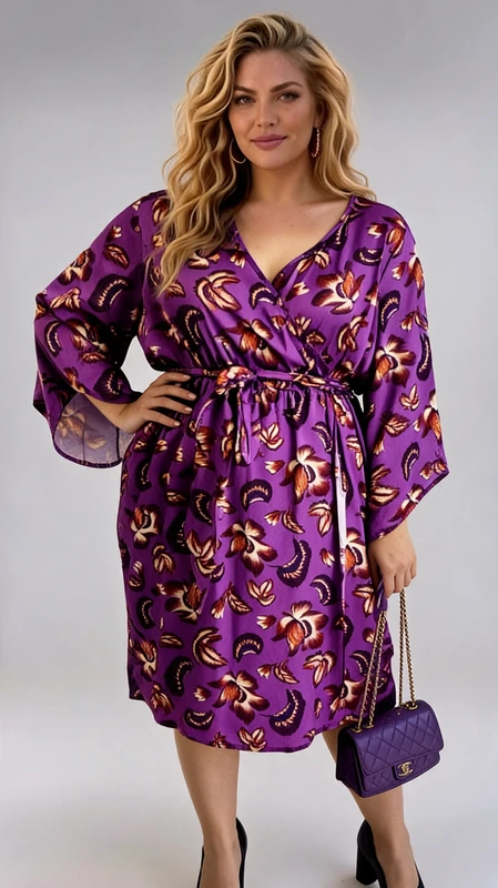 Plus size φόρεμα καλοκαιρινό, μίντι, εμπριμέ μοβ, κοκτέιλ κρουαζέ, φλοράλ, από σταθερή βισκόζη και σατέν. Ιδανικό φόρεμα για καλεσμένη σε γάμο και βάπτιση την Άνοιξη και το Καλοκαίρι.