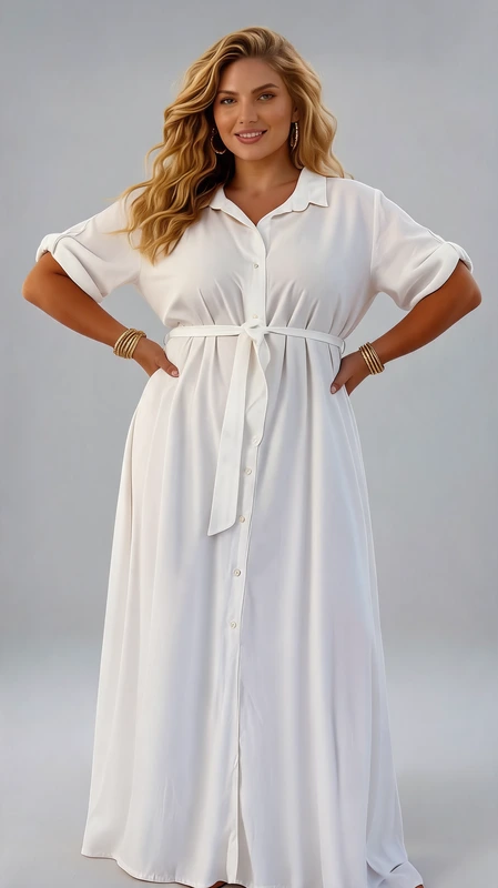 Αυτό το κομψό λευκό φόρεμα σε plus size είναι η ιδανική επιλογή για τις καλοκαιρινές σας εμφανίσεις. Με την αέρινη γραμμή του και το μήκος μέχρι τον αστράγαλο, προσφέρει άνεση και στυλ σε κάθε σιλουέτα. Το φόρεμα διαθέτει κλασικό γιακά πουκαμίσου και κουμπιά σε όλο το μήκος του, ενώ τα κοντά μανίκια με αναδίπλωση προσθέτουν μια νότα χαλαρής κομψότητας. Η ζώνη στη μέση από το ίδιο ύφασμα τονίζει διακριτικά τη σιλουέτα και προσφέρει έναν κολακευτικό όγκο στο κάτω μέρος. Το λευκό χρώμα του είναι ιδανικό για καλοκαιρινές βόλτες στην πόλη ή στο νησί, ενώ μπορεί εύκολα να μεταμορφωθεί από πρωινό σε βραδινό outfit με τα κατάλληλα αξεσουάρ. Συνδυάστε το με μεταλλικά σανδάλια και statement σκουλαρίκια για βραδινές εξόδους ή με flat πέδιλα και ψάθινη τσάντα για τις ημερήσιες εμφανίσεις σας. Το ελαφρύ, αέρινο ύφασμα εξασφαλίζει άνεση ακόμα και στις πιο ζεστές καλοκαιρινές ημέρες, ενώ η απλή αλλά κομψή γραμμή του το καθιστά διαχρονικό κομμάτι για την γκαρνταρόμπα σας.
