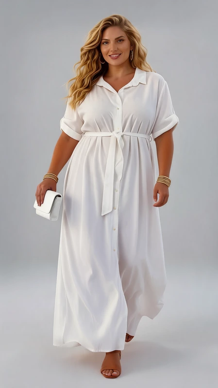 Plus size φόρεμα λευκό καλοκαιρινό - FRW536 | Candiashop Boutique, Αυτό το κομψό λευκό φόρεμα σε plus size είναι η ιδανική επιλογή για τις καλοκαιρινές σας εμφανίσεις. Με την αέρινη γραμμή του και το μήκος μέχρι τον αστράγαλο, προσφέρει άνεση και στυλ σε κάθε σιλουέτα. Το φόρεμα διαθέτει κλασικό γιακά πουκαμίσου και κουμπιά σε όλο το μήκος του, ενώ τα κοντά μανίκια με αναδίπλωση προσθέτουν μια νότα χαλαρής κομψότητας. Η ζώνη στη μέση από το ίδιο ύφασμα τονίζει διακριτικά τη σιλουέτα και προσφέρει έναν κολακευτικό όγκο στο κάτω μέρος. Το λευκό χρώμα του είναι ιδανικό για καλοκαιρινές βόλτες στην πόλη ή στο νησί, ενώ μπορεί εύκολα να μεταμορφωθεί από πρωινό σε βραδινό outfit με τα κατάλληλα αξεσουάρ. Συνδυάστε το με μεταλλικά σανδάλια και statement σκουλαρίκια για βραδινές εξόδους ή με flat πέδιλα και ψάθινη τσάντα για τις ημερήσιες εμφανίσεις σας. Το ελαφρύ, αέρινο ύφασμα εξασφαλίζει άνεση ακόμα και στις πιο ζεστές καλοκαιρινές ημέρες, ενώ η απλή αλλά κομψή γραμμή του το καθιστά διαχρονικό κομμάτι για την γκαρνταρόμπα σας.