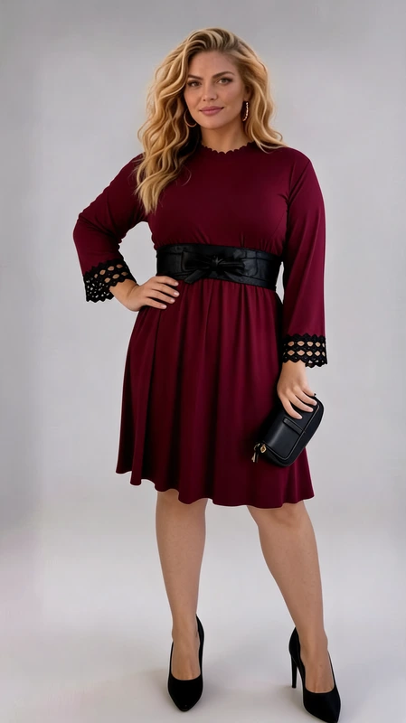 Plus size φόρεμα χειμωνιάτικο μίντι μπορντό μακρυμάνικο, σε άλφα γραμμή, από jersey και βισκόζη. Ένα καθημερινό φόρεμα που φοριέται Φθινόπωρο, Χειμώνα, έως και Άνοιξη.