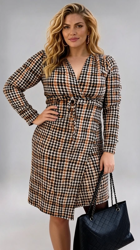 Plus size φόρεμα χειμωνιάτικο μίντι κρουαζέ πιε ντε πούλ σε καφέ άσπρο μαύρο χρώμα, μακρυμάνικο, σε ίσια γραμμή από jersey και βισκόζη. Ένα καθημερινό φόρεμα που φοριέται Φθινόπωρο, Χειμώνα, έως και Άνοιξη.