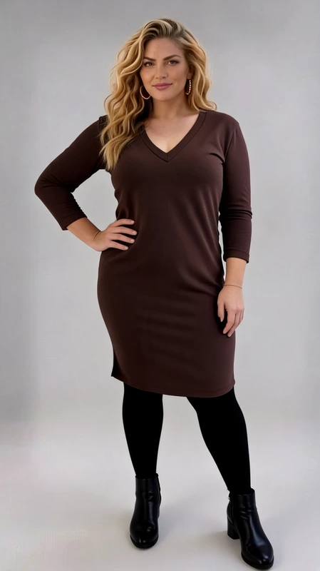 Plus size φόρεμα χειμωνιάτικο μίντι καφέ μακρυμάνικο, σε ίσια γραμμή, από jersey και βισκόζη. Ένα καθημερινό φόρεμα που φοριέται Φθινόπωρο, Χειμώνα, έως και Άνοιξη.