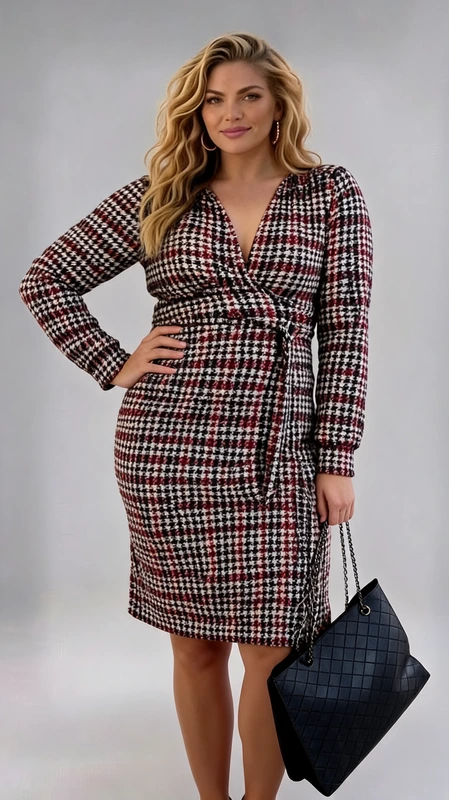 Plus size φόρεμα χειμωνιάτικο μίντι κρουαζέ πιε ντε πούλ σε κόκκινο άσπρο μαύρο μακρυμάνικο, σε ίσια γραμμή από jersey και βισκόζη. Ένα καθημερινό φόρεμα που φοριέται Φθινόπωρο, Χειμώνα, έως και Άνοιξη.