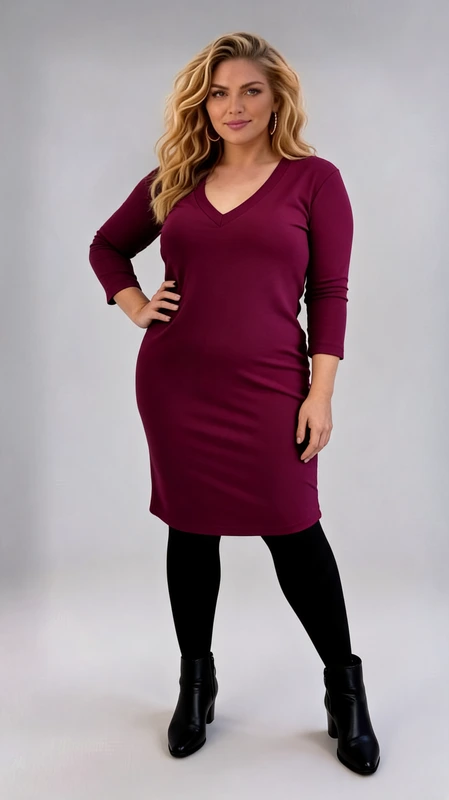Plus size φόρεμα χειμωνιάτικο μίντι ματζέντα μακρυμάνικο, σε ίσια γραμμή, από jersey και βισκόζη. Ένα καθημερινό φόρεμα που φοριέται Φθινόπωρο, Χειμώνα, έως και Άνοιξη.