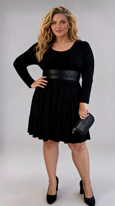 Plus size φόρεμα χειμωνιάτικο μίντι μαύρο μακρυμάνικο, σε άλφα γραμμή, από jersey και βισκόζη. Ένα καθημερινό φόρεμα που φοριέται Φθινόπωρο, Χειμώνα, έως και Άνοιξη.
