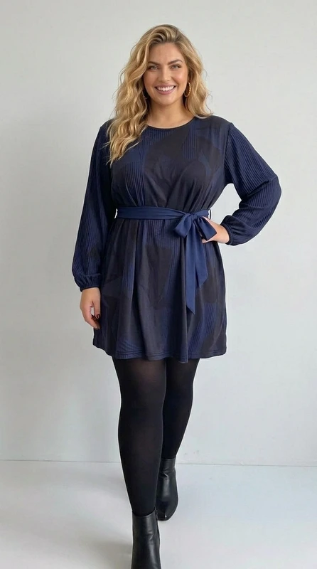 Plus size φόρεμα χειμωνιάτικο μίνι μπλε μακρυμάνικο, σε άλφα γραμμή, από jersey και βισκόζη. Ένα καθημερινό φόρεμα που φοριέται Φθινόπωρο, Χειμώνα, έως και Άνοιξη.
