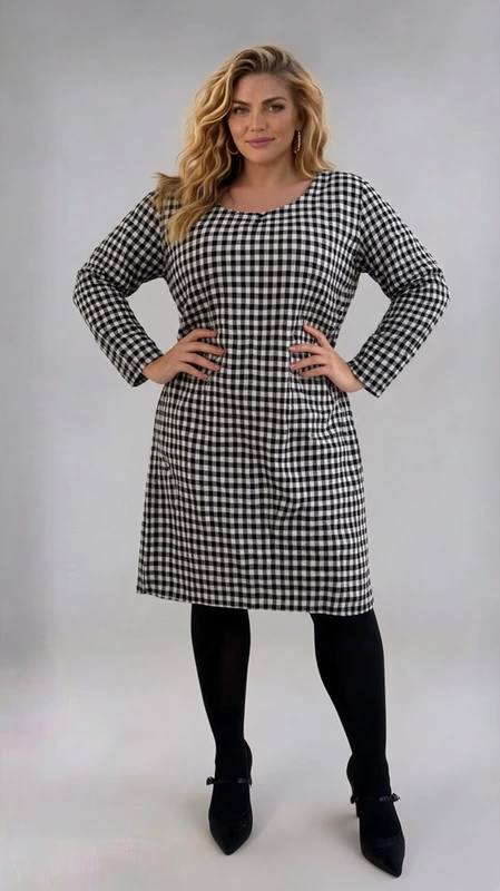 Plus size φόρεμα μακρυμάνικο άσπρο μαύρο καρό μίντι. Ιδανικό για ξεχωριστές chic εμφανίσεις!