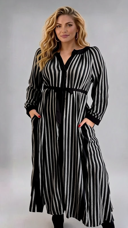 Plus size φόρεμα μακρυμάνικο ασπρόμαυρο μάξι ριγέ με τσέπες, εμπριμέ. Ιδανικό για ξεχωριστές boho εμφανίσεις!