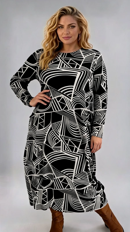 Plus size φόρεμα μακρυμάνικο ασπρόμαυρο μάξι σάκος με τσέπες, εμπριμέ. Ιδανικό για ξεχωριστές καθημερινές boho εμφανίσεις!