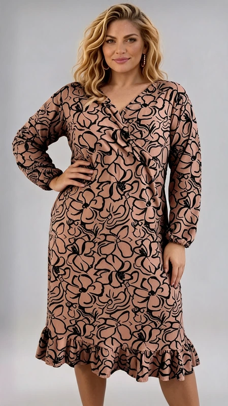 Plus size φόρεμα κρουαζέ κρεμ μακρυμάνικο μίντι. Ιδανικό για ξεχωριστές chic εμφανίσεις!