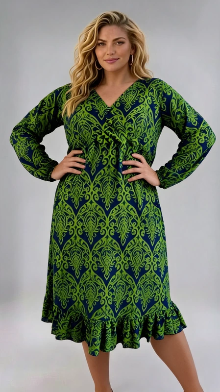 Plus size φόρεμα κρουαζέ μπλε πράσινο μακρυμάνικο μίντι. Ιδανικό για ξεχωριστές boho εμφανίσεις!