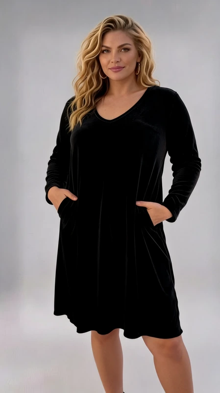 Plus size φόρεμα μακρυμάνικο μαύρο βελούδινο μίντι. Ιδανικό για ξεχωριστές βραδινές εμφανίσεις!