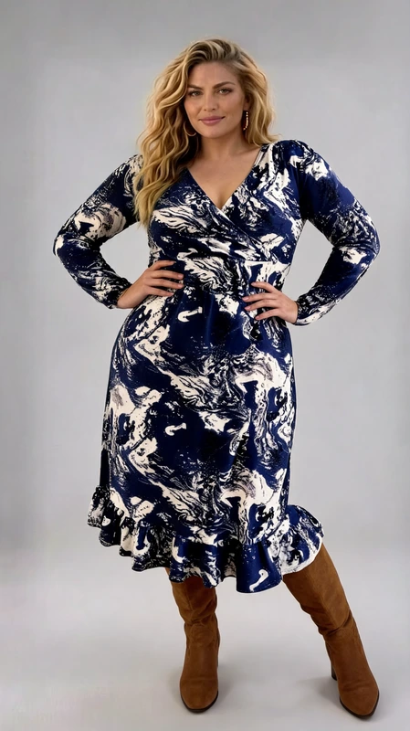 Plus size φόρεμα μακρυμάνικο μπλε άσπρο μίντι κρουαζέ, εμπριμέ. Ιδανικό για ξεχωριστές καθημερινές boho εμφανίσεις!