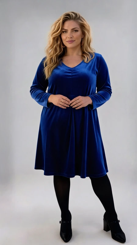 Plus size φόρεμα μακρυμάνικο μπλε ρουά βελούδινο μίντι. Ιδανικό για ξεχωριστές βραδινές εμφανίσεις!