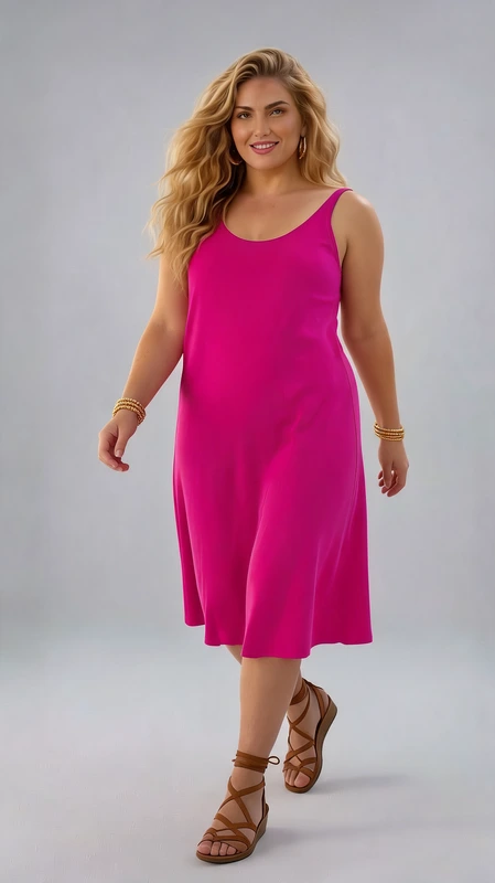 Plus size φόρεμα καλοκαιρινό ματζέντα - FRW420 | Candiashop Boutique, Αυτό το εντυπωσιακό φόρεμα σε ζωηρό φούξια χρώμα αποτελεί την ιδανική επιλογή για το καλοκαίρι. Κατασκευασμένο από ελαφρύ, αεράτο ύφασμα που χαρίζει άνεση και δροσιά κατά τις ζεστές ημέρες. Το φαρδύ, ριχτό σχέδιο με τιράντες και στρογγυλή λαιμόκοψη κολακεύει κάθε σωματότυπο, ενώ το μήκος του φτάνει μέχρι τον αστράγαλο προσφέροντας κομψότητα και θηλυκότητα. Το απλό, μινιμαλιστικό στυλ του το καθιστά εξαιρετικά ευέλικτο - μπορεί να φορεθεί στην παραλία πάνω από το μαγιό σας, για καθημερινές βόλτες στην πόλη ή ακόμα και για απογευματινά γεύματα συνδυασμένο με τα κατάλληλα αξεσουάρ. Συνδυάστε το με λευκά παπούτσια όπως στην εικόνα για μια φρέσκια εμφάνιση, ή με σανδάλια και ψάθινη τσάντα για πιο καλοκαιρινό look. Η άνετη γραμμή του προσφέρει απόλυτη ελευθερία κινήσεων, ενώ το έντονο χρώμα του θα τραβήξει όλα τα βλέμματα. Ιδανικό για γυναίκες που αναζητούν στυλ και άνεση σε ένα πολυχρηστικό καλοκαιρινό ένδυμα.