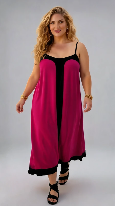 Plus size φόρεμα καλοκαιρινό ματζέντα - FRW426 | Candiashop Boutique, Αυτό το εντυπωσιακό φόρεμα με λεπτές τιράντες συνδυάζει μια ζωηρή φούξια απόχρωση με κομψές μαύρες λεπτομέρειες, δημιουργώντας μια εντυπωσιακή αντίθεση που τραβάει τα βλέμματα. Η φαρδιά γραμμή του προσφέρει άνεση και κολακεύει κάθε σιλουέτα, ενώ το μήκος του φτάνει μέχρι τους αστραγάλους για μια κομψή εμφάνιση. Το μαύρο περίγραμμα στο μπούστο και στο τελείωμα προσθέτει κομψότητα και στυλ στο συνολικό σχεδιασμό. Το ελαφρύ, ρέον ύφασμα κινείται χαριτωμένα με κάθε βήμα, καθιστώντας το ιδανικό για καλοκαιρινές βραδινές εξόδους, κοκτέιλ πάρτι ή ακόμη και για πιο επίσημες καλοκαιρινές εκδηλώσεις. Συνδυάστε το με μαύρα πέδιλα και μια κομψή τσάντα χειρός για μια ολοκληρωμένη εμφάνιση, ή προσθέστε ένα λεπτό μπουφάν για τα δροσερά βράδια. Οι λεπτές τιράντες προσφέρουν στήριξη διατηρώντας παράλληλα μια θηλυκή και κομψή αισθητική. Ένα ευέλικτο κομμάτι που θα αποτελέσει αγαπημένη επιλογή στη καλοκαιρινή σας γκαρνταρόμπα.