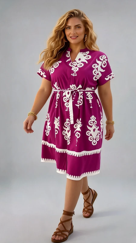 Plus size φόρεμα καλοκαιρινό ματζέντα - FRW447 | Candiashop Boutique, Αυτό το εντυπωσιακό φόρεμα σε έντονο φούξια χρώμα αποτελεί την ιδανική επιλογή για τις καλοκαιρινές σας εμφανίσεις. Διακοσμημένο με κομψά λευκά μοτίβα που δημιουργούν εξαιρετική αντίθεση, το φόρεμα διαθέτει λαιμόκοψη V και κοντά μανίκια για άνεση στις ζεστές ημέρες. Η μεσάτη γραμμή του τονίζεται με μια λεπτή ζώνη στη μέση, ενώ το μήκος του φτάνει κάτω από το γόνατο χαρίζοντας κομψότητα σε κάθε σιλουέτα. Το κάτω μέρος του φορέματος διαθέτει διακοσμητικό λευκό τελείωμα που ολοκληρώνει αρμονικά το σχέδιο. Ιδανικό για καθημερινές βόλτες, απογευματινούς καφέδες ή ακόμα και για καλοκαιρινές διακοπές. Συνδυάστε το με πλατφόρμες όπως στην εικόνα για μια ολοκληρωμένη εμφάνιση ή με επίπεδα σανδάλια για πιο χαλαρές περιστάσεις. Η άνετη εφαρμογή του το καθιστά κατάλληλο για διαφορετικούς σωματότυπους, προσφέροντας κολακευτική εμφάνιση και αέρινη αίσθηση στις ζεστές καλοκαιρινές ημέρες.