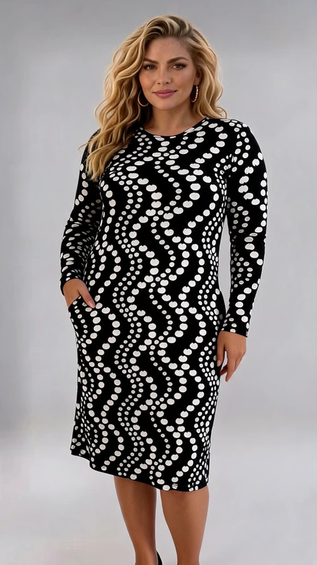 Αυτό το κομψό φόρεμα plus size σε μαύρο και λευκό αποτελεί την ιδανική προσθήκη στη χειμερινή σας γκαρνταρόμπα. Διαθέτει εντυπωσιακό γεωμετρικό μοτίβο με λευκές κυκλικές πιτσιλιές σε ζιγκ\u002Dζαγκ διάταξη πάνω σε μαύρο φόντο, δημιουργώντας μια οπτικά ενδιαφέρουσα εμφάνιση. Το φόρεμα έχει μακριά μανίκια που το καθιστούν ιδανικό για τις ψυχρότερες ημέρες, ενώ η ίσια γραμμή του με μήκος κάτω από το γόνατο χαρίζει κολακευτική εφαρμογή σε κάθε σωματότυπο. Η άνετη εφαρμογή του επιτρέπει ελευθερία κινήσεων, ενώ ταυτόχρονα αναδεικνύει τη σιλουέτα με κομψό τρόπο. Μπορεί να φορεθεί με μαύρες γόβες για επαγγελματικές συναντήσεις ή βραδινές εξόδους, ενώ συνδυάζεται εξίσου όμορφα με μποτάκια για πιο casual εμφανίσεις. Το διαχρονικό ασπρόμαυρο χρωματικό σχήμα προσφέρει αμέτρητες δυνατότητες συνδυασμού με αξεσουάρ σε έντονα χρώματα. Κατασκευασμένο από ελαστικό ύφασμα που αγκαλιάζει τις καμπύλες, προσφέρει άνεση καθ\u0027 όλη τη διάρκεια της ημέρας.