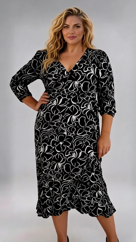 Αυτό το κομψό φόρεμα plus size σε μαύρο χρώμα με λευκό φλοράλ σχέδιο αποτελεί την ιδανική επιλογή για κάθε περίσταση της χειμερινής σεζόν. Το εντυπωσιακό μοτίβο με τα περιγράμματα λουλουδιών δημιουργεί μια εκλεπτυσμένη αντίθεση που κολακεύει τη σιλουέτα. Με το θηλυκό V λαιμόκοψη και τα μανίκια 3/4, προσφέρει άνεση και στυλ για όλη την ημέρα. Η κρουαζέ γραμμή στο μπούστο και η ελαφρώς γραμμή Α στη φούστα χαρίζουν μια εξαιρετικά κολακευτική εφαρμογή που αναδεικνύει τη θηλυκότητα. Το μήκος μέχρι τη μέση της γάμπας είναι ιδανικό για επαγγελματικές συναντήσεις αλλά και βραδινές εξόδους. Μπορεί να φορεθεί με μαύρες γόβες για επίσημες περιστάσεις ή με μποτάκια και ένα ζεστό παλτό για καθημερινές εμφανίσεις. Το ελαστικό ύφασμα προσαρμόζεται τέλεια στο σώμα, χαρίζοντας άνεση καθ\u0027 όλη τη διάρκεια της ημέρας, ενώ η κομψή σχεδίασή του το καθιστά διαχρονικό κομμάτι για κάθε γυναικεία γκαρνταρόμπα. Ένα πραγματικά ευέλικτο ένδυμα που συνδυάζει στυλ και πρακτικότητα.