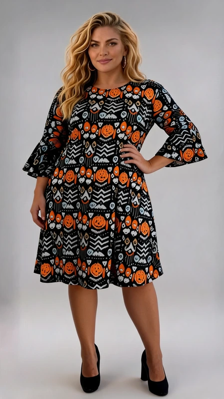 Αυτό το εντυπωσιακό φόρεμα plus size αποτελεί την ιδανική επιλογή για τη χειμωνιάτικη γκαρνταρόμπα σας. Διαθέτει μοναδικό σχέδιο με μαύρο φόντο και πλούσια μοτίβα σε έντονο πορτοκαλί και απαλό γαλάζιο, συνδυάζοντας κολακευτικά γεωμετρικά σχήματα, ζικ\u002Dζακ γραμμές και χαρούμενες κολοκύθες που προσδίδουν μια παιχνιδιάρικη διάθεση. Η άνετη γραμμή του φορέματος χαρίζει κομψότητα σε κάθε σιλουέτα, ενώ τα μανίκια 3/4 με το ελαφρώς διευρυμένο τελείωμα προσθέτουν θηλυκότητα και στυλ. Το μήκος του φτάνει κάτω από το γόνατο, προσφέροντας άνεση και κομψότητα για καθημερινές εμφανίσεις. Μπορεί να φορεθεί με μαύρες γόβες για επίσημες περιστάσεις ή με μποτάκια για πιο casual εμφανίσεις. Το ιδιαίτερο χαρακτηριστικό του είναι η ευκολία στον συνδυασμό: απλά προσθέστε ένα μαύρο ζακετάκι ή παλτό και είστε έτοιμες για κάθε χειμωνιάτικη έξοδο. Το ύφασμα είναι μαλακό και άνετο, ιδανικό για όλη την ημέρα, ενώ το σχέδιο εξασφαλίζει ότι θα ξεχωρίζετε με στυλ.