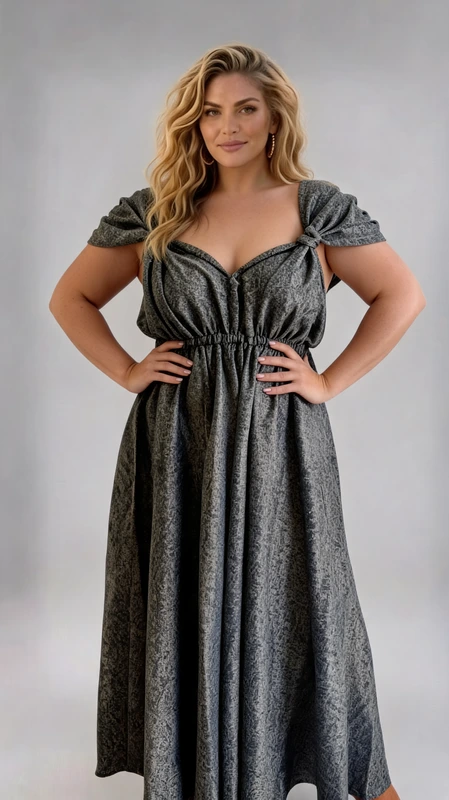 Plus size φόρεμα ανθρακί μάξι βραδινό αμπιγιέ εμπριμέ, πολυμορφικό ώστε να μπορεί να φορεθεί και αμάνικο με έξω την πλάτη και κοντομάνικο με καλυμμένη πλάτη. Κατάλληλο να φορεθεί άνοιξη και καλοκαίρι, ιδανικό για αμπιγιέ εμφανίσεις!