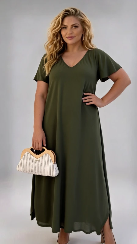 Plus size φόρεμα χακί μάξι τύπου λινό από βισκόζη γκοφρέ. Κατάλληλο να φορεθεί άνοιξη και καλοκαίρι!