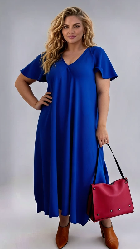 Plus size φόρεμα μπλε ηλεκτρίκ μάξι τύπου λινό από βισκόζη γκοφρέ. Κατάλληλο να φορεθεί άνοιξη και καλοκαίρι!