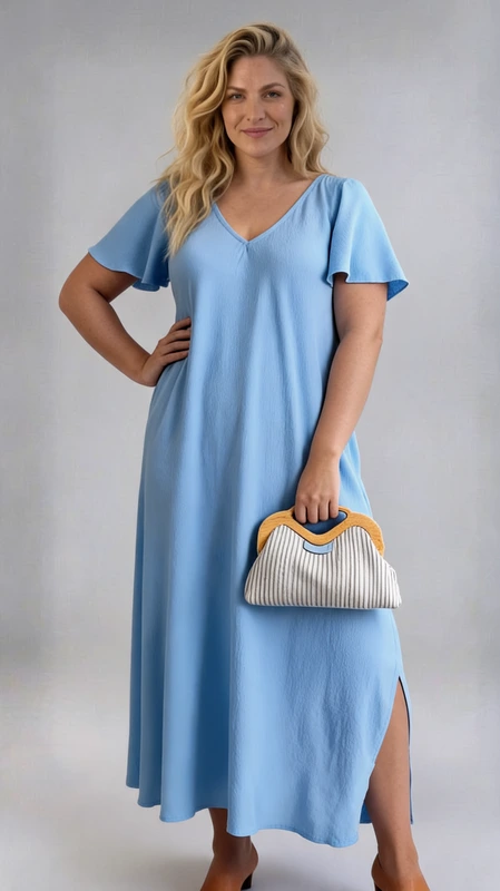 Plus size φόρεμα γαλάζιο μάξι τύπου λινό από βισκόζη γκοφρέ. Κατάλληλο να φορεθεί άνοιξη και καλοκαίρι!