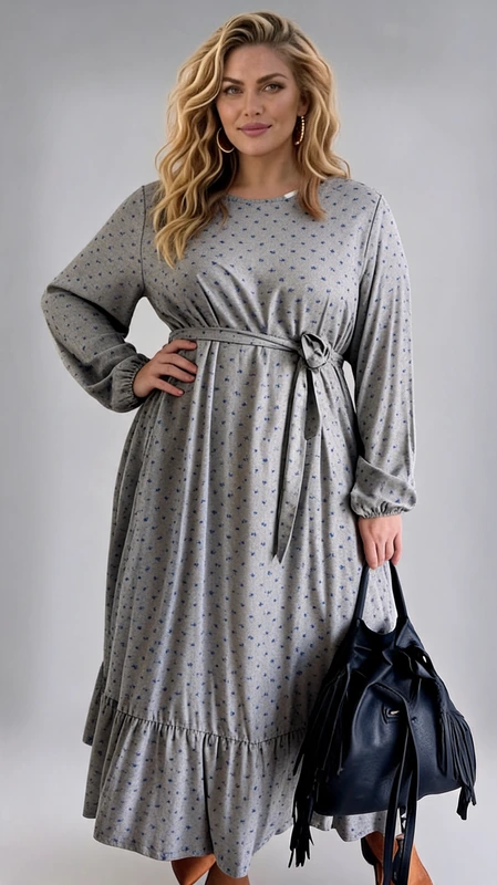 Plus size φόρεμα μάξι γκρι μπλε μακρυμάνικο, σε άλφα γραμμή, από βαμβακι  και βισκόζη σταθερή. Ένα καθημερινό ρομαντικό φόρεμα που φοριέται Φθινόπωρο, Χειμώνα, έως και Άνοιξη.