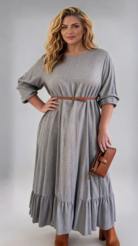 Plus size φόρεμα μάξι γκρι χρυσό μακρυμάνικο, σε άλφα γραμμή, από βαμβακι  και βισκόζη σταθερή. Ένα καθημερινό ρομαντικό φόρεμα που φοριέται Φθινόπωρο, Χειμώνα, έως και Άνοιξη.